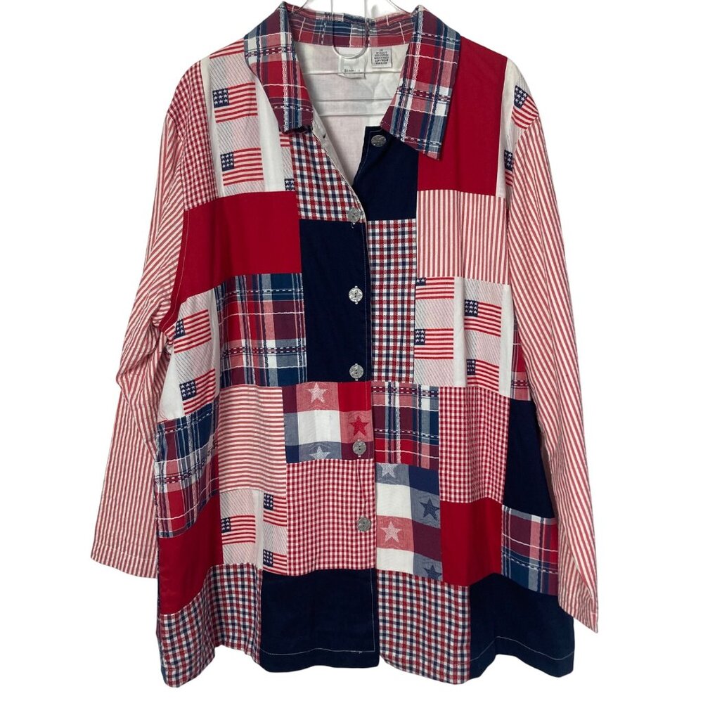 Vintage Patriotic Patchwork  Jacket 1X By Roamans Red White Blue Grannycore
